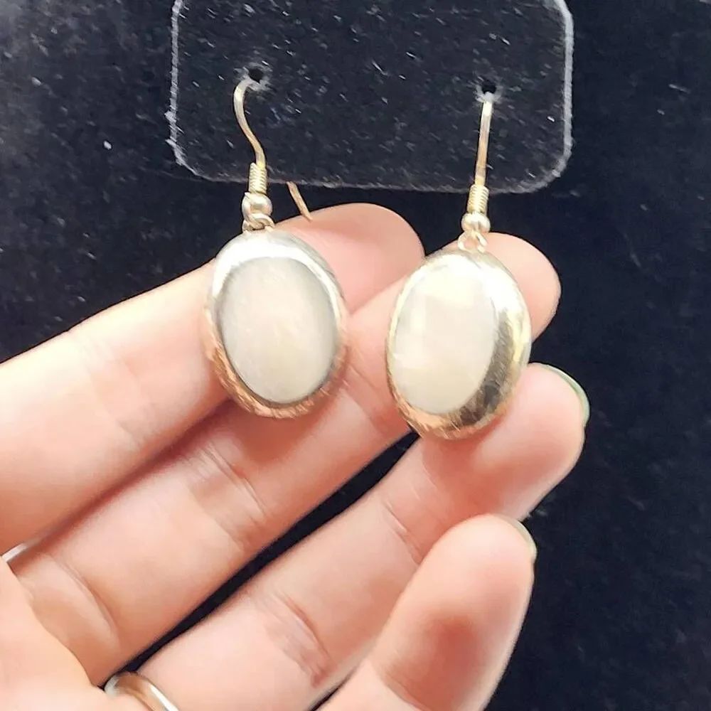 Artisan Made Sterling Silver White Stone Earrings Dangle Drop Ovals